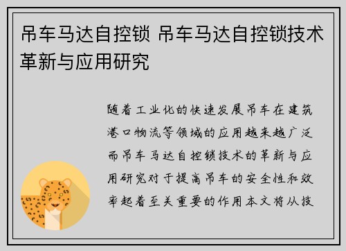 吊车马达自控锁 吊车马达自控锁技术革新与应用研究